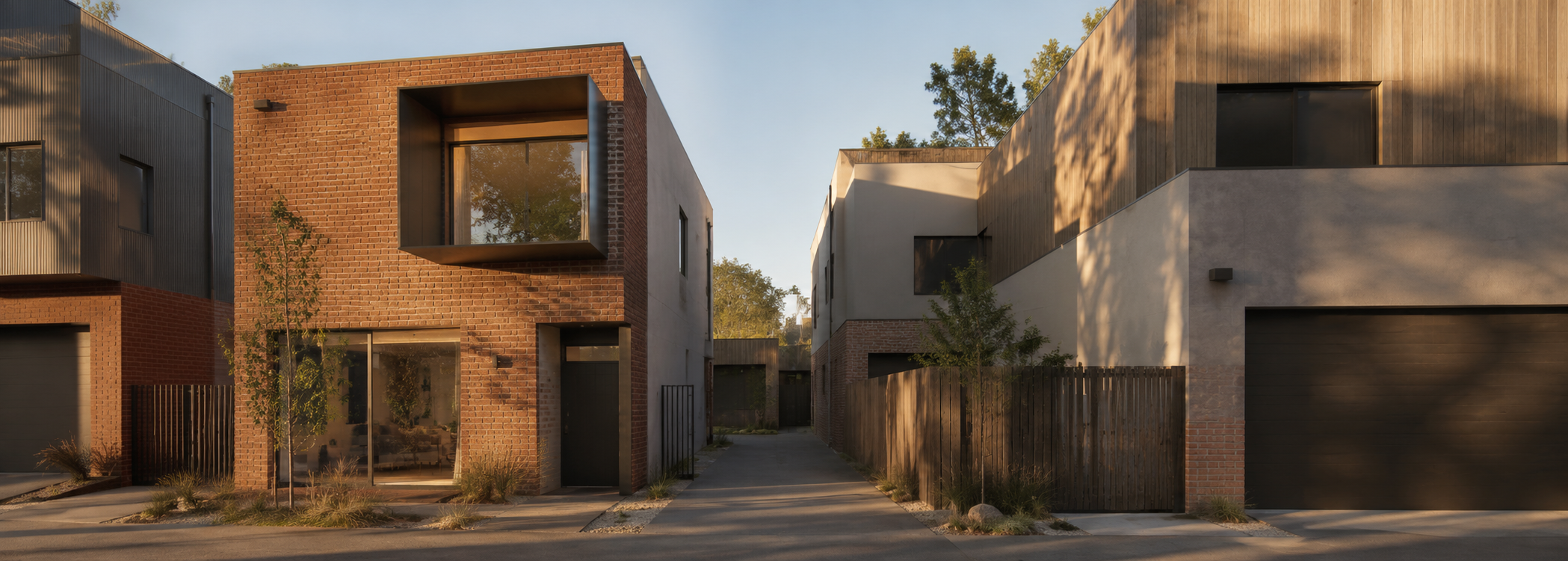 Modern urban infill homes with carefully planned building separation supporting solar access between neighbouring properties