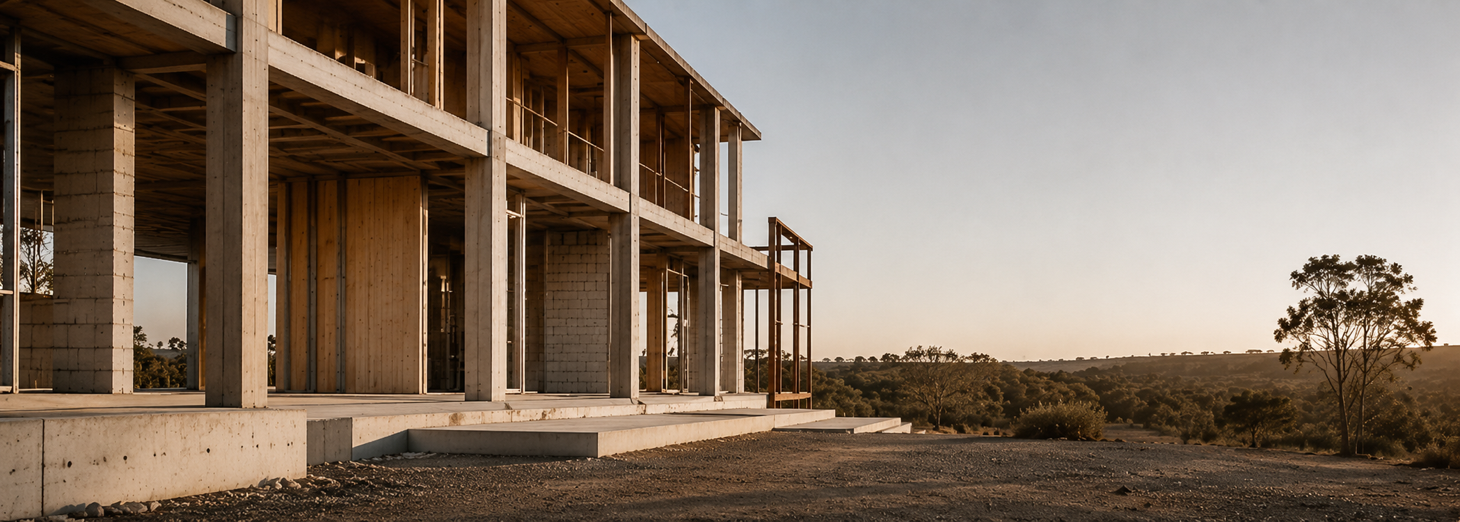 Contemporary building structure and material palette representing embodied carbon assessment across concrete, steel, timber and construction systems.