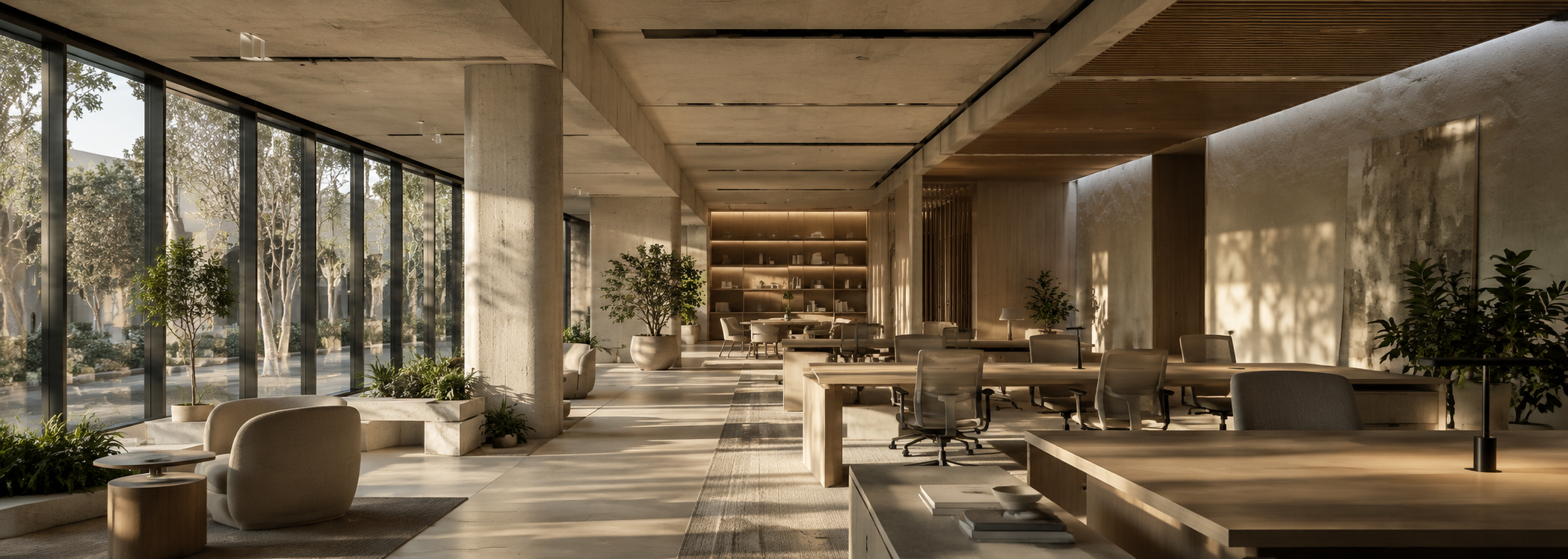 Contemporary commercial interior designed around healthy air, thermal comfort, daylight, acoustics and occupant wellbeing, representing WELL Certification and indoor environmental performance.