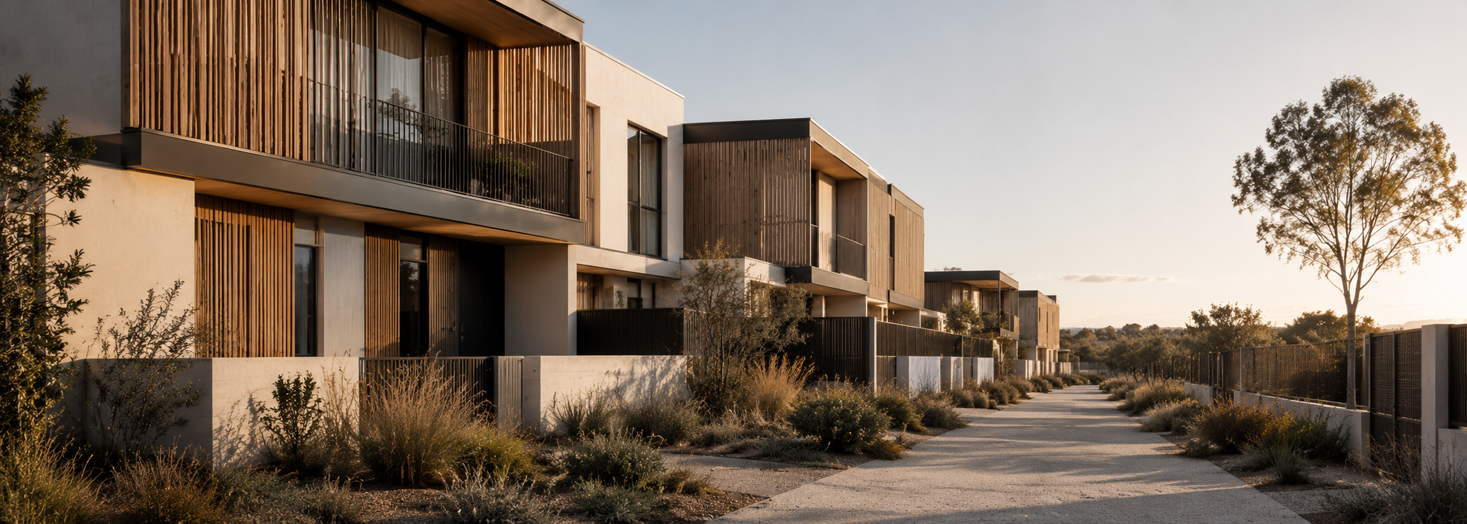 Low-rise residential precinct with townhouse clusters, shared ground plane, warm material palette and subtle dry Australian planting