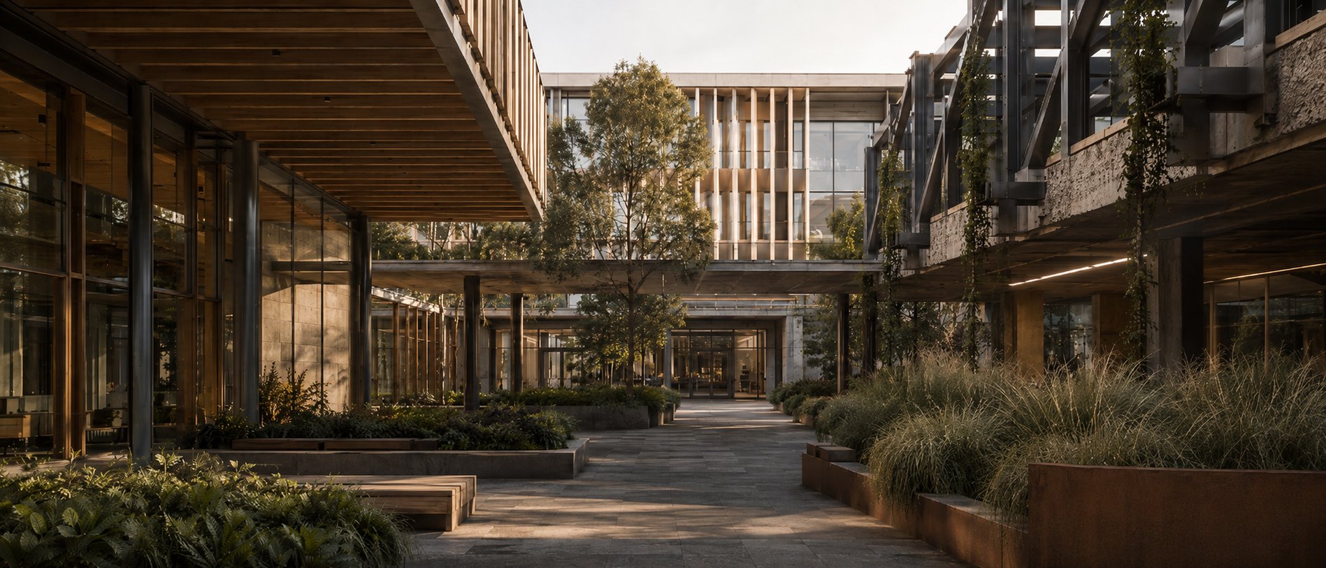 Commercial courtyard with exposed structural materials, refined construction logic and lifecycle-conscious architectural design.