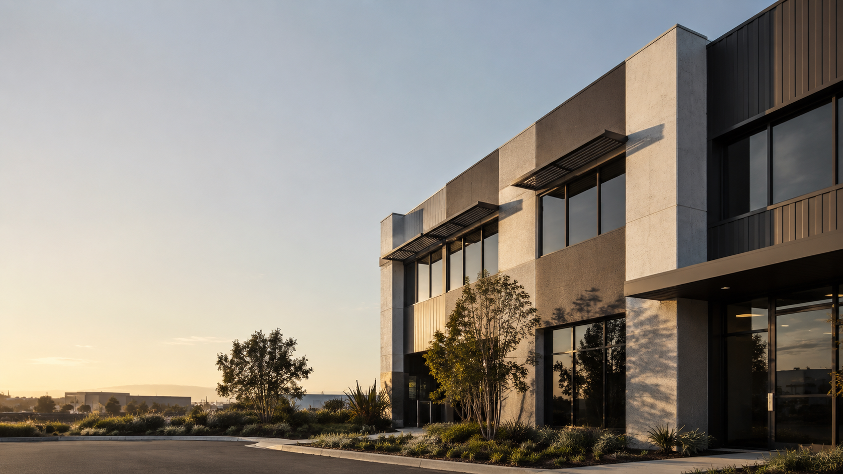 Commercial building exterior showing facade, glazing and shading relevant to Section J compliance