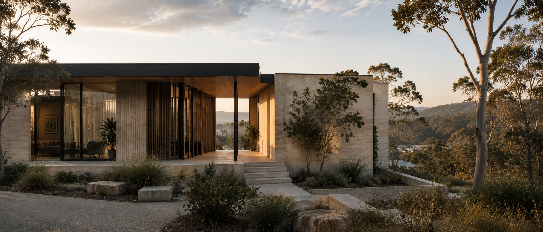 Contemporary hillside development positioned within a coastal Australian landscape and wider visual setting