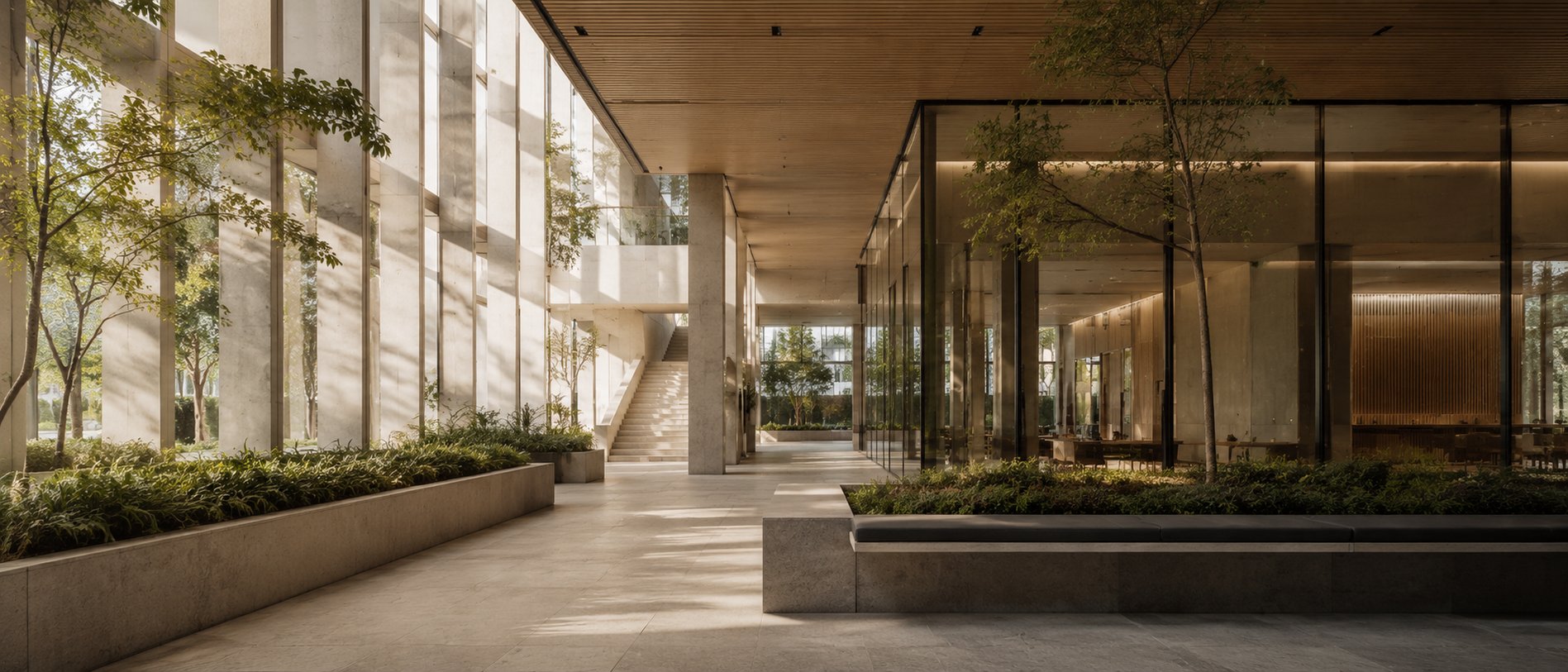 Daylit commercial atrium with natural materials, integrated planting and a calm indoor environment supporting occupant wellbeing.