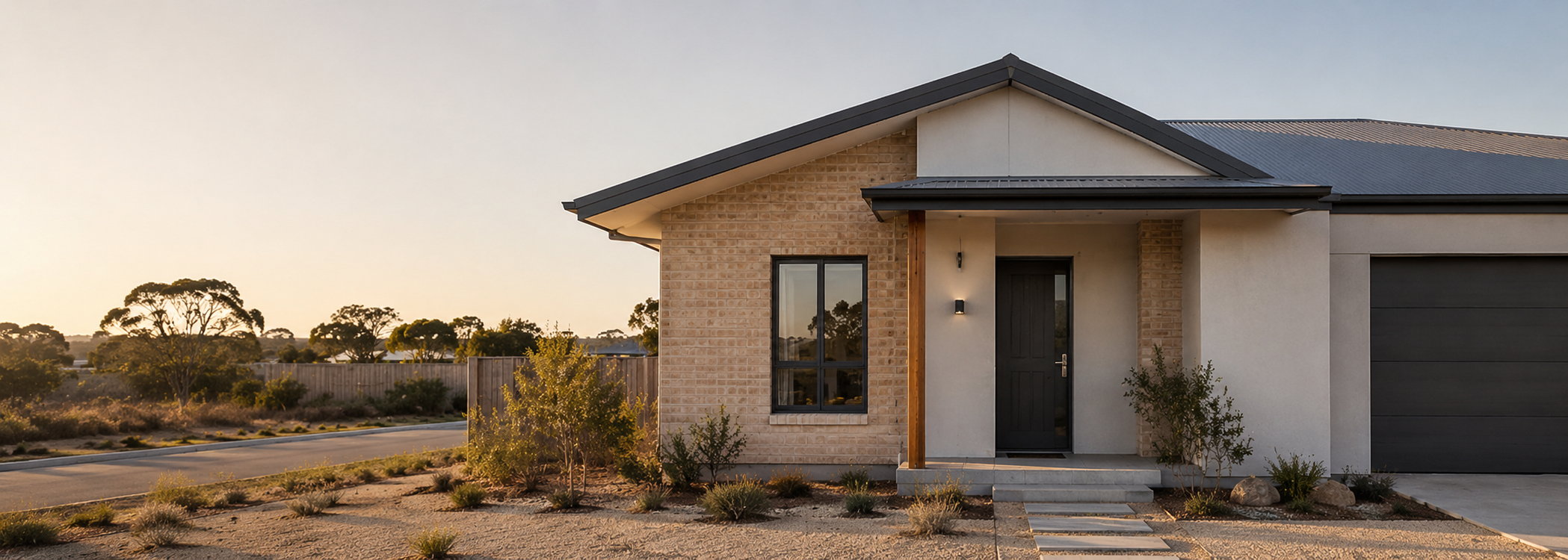 Practical contemporary Australian home with simple roof forms, shaded windows and dry landscaping, reflecting residential DTS compliance and climate-responsive design.