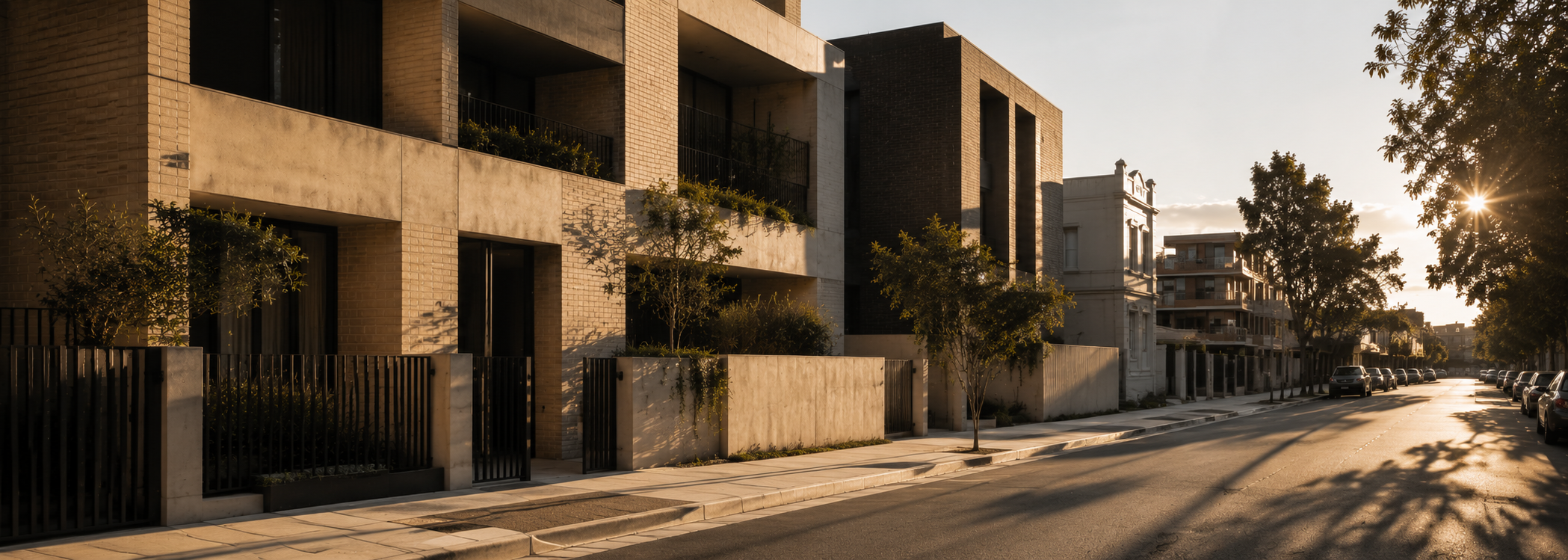 Australian residential development showing sunlight and shadow relationships across neighbouring buildings, representing shadow diagram assessment and solar access documentation.