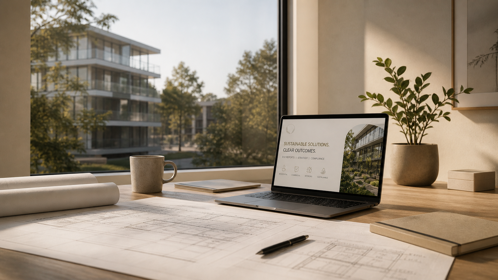 Laptop and Architectural plans at a desk with natural light