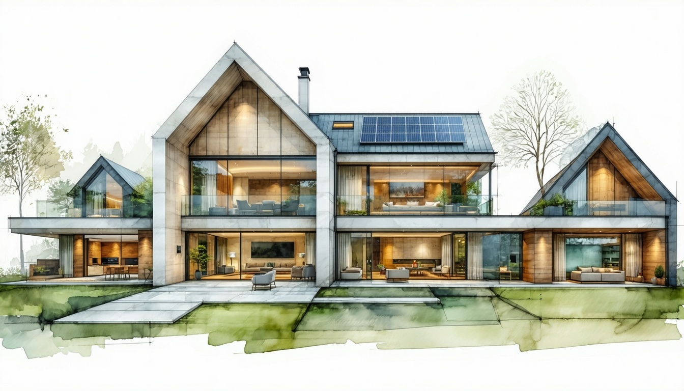 Create a clean professional and modern digital illustration or semirealistic composite image that visually represents five different types of residential building projects suited to a VURB assessment Include a variety of home styles such asA luxury h