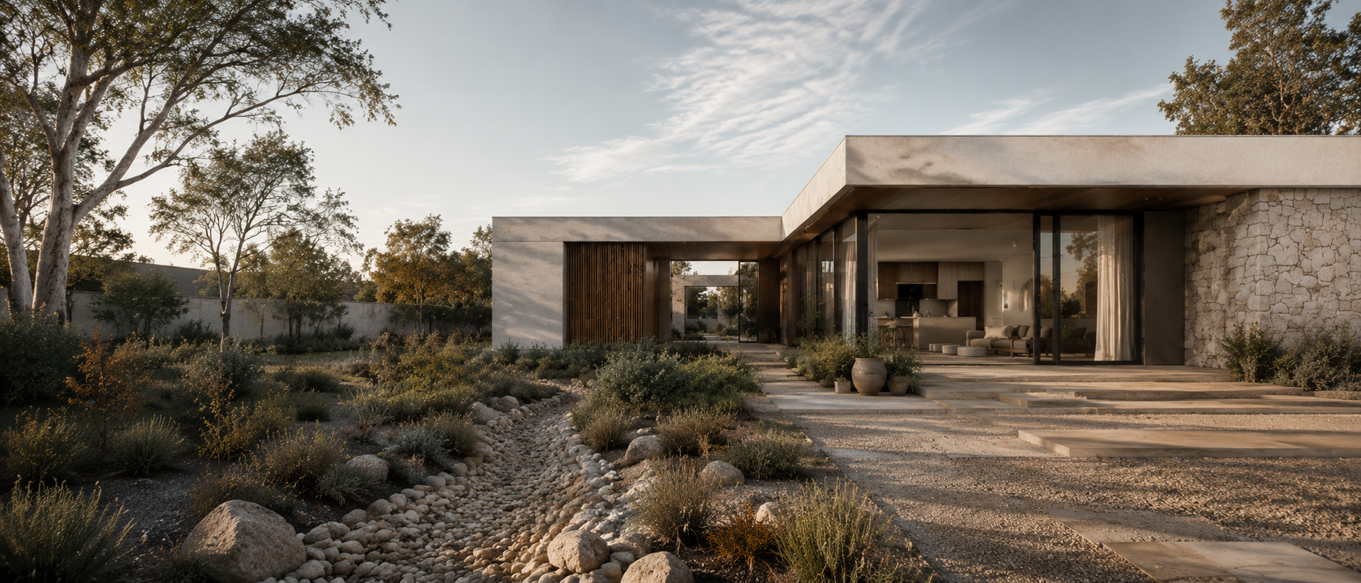 Australian residential development incorporating water-sensitive urban design and sustainable landscaping.