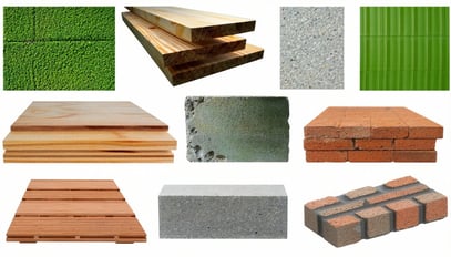 A collage of sustainable building materials, showc