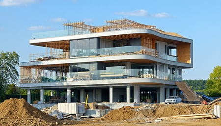 A construction site featuring a complex, modern ho