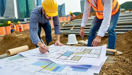 A construction site with workers evaluating plans