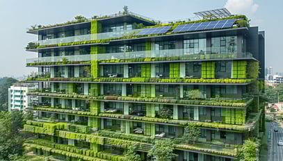 A modern, eco-friendly building with green spaces