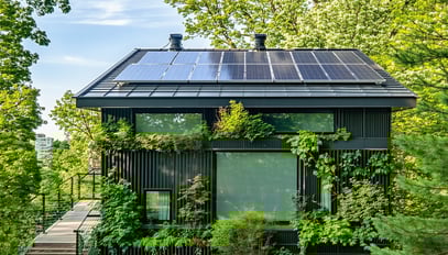 A modern, eco-friendly building with lush green su