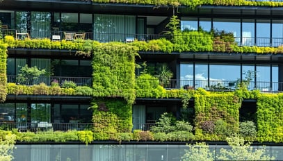 A modern, eco-friendly building with lush greenery-1