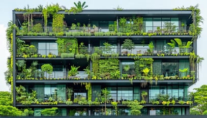 A modern, eco-friendly building with lush greenery