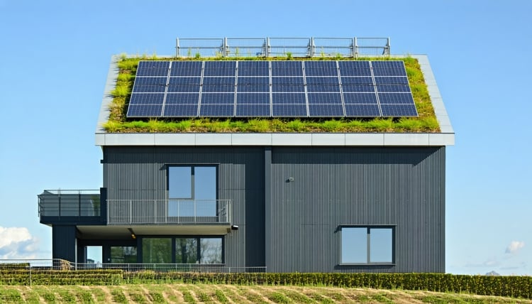 A modern, eco-friendly building with solar panels