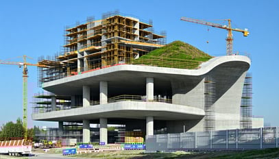 A modern, sustainable building under construction,