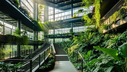 A modern, sustainable building with lush greenery