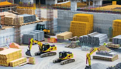 Construction site with various building materials