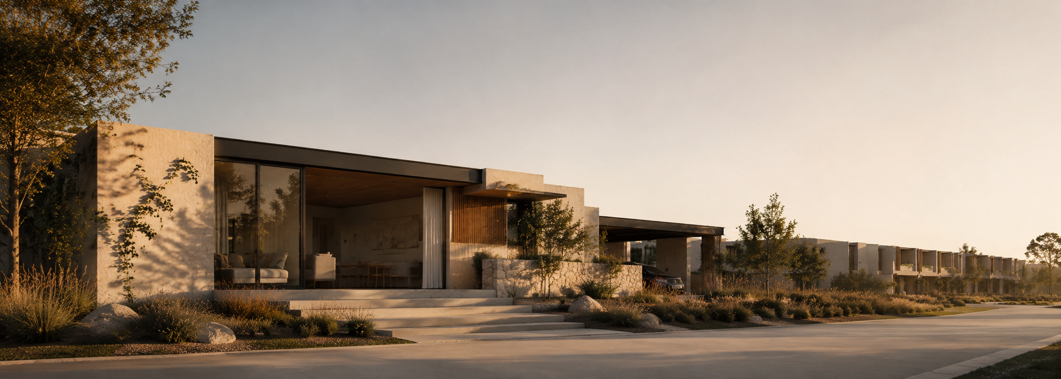 Contemporary Australian residential precinct with warm evening light, dry native landscaping and climate-responsive architecture.