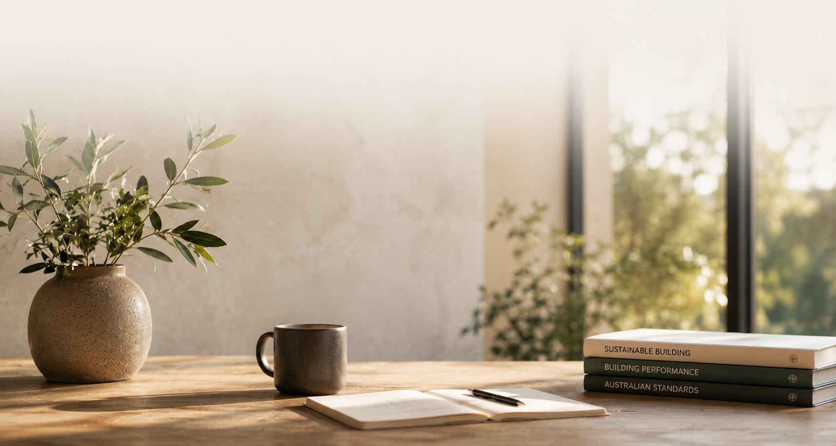 Architectural drawings, sustainable building materials and natural light representing the Certified Energy building performance glossary.