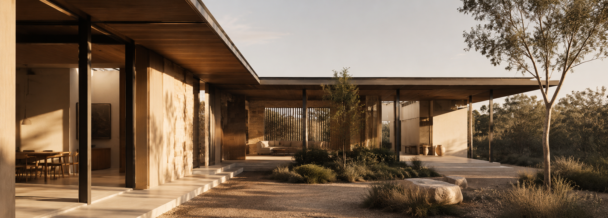 Climate responsive courtyard house with deep roof overhangs and sheltered outdoor living in the Australian landscape