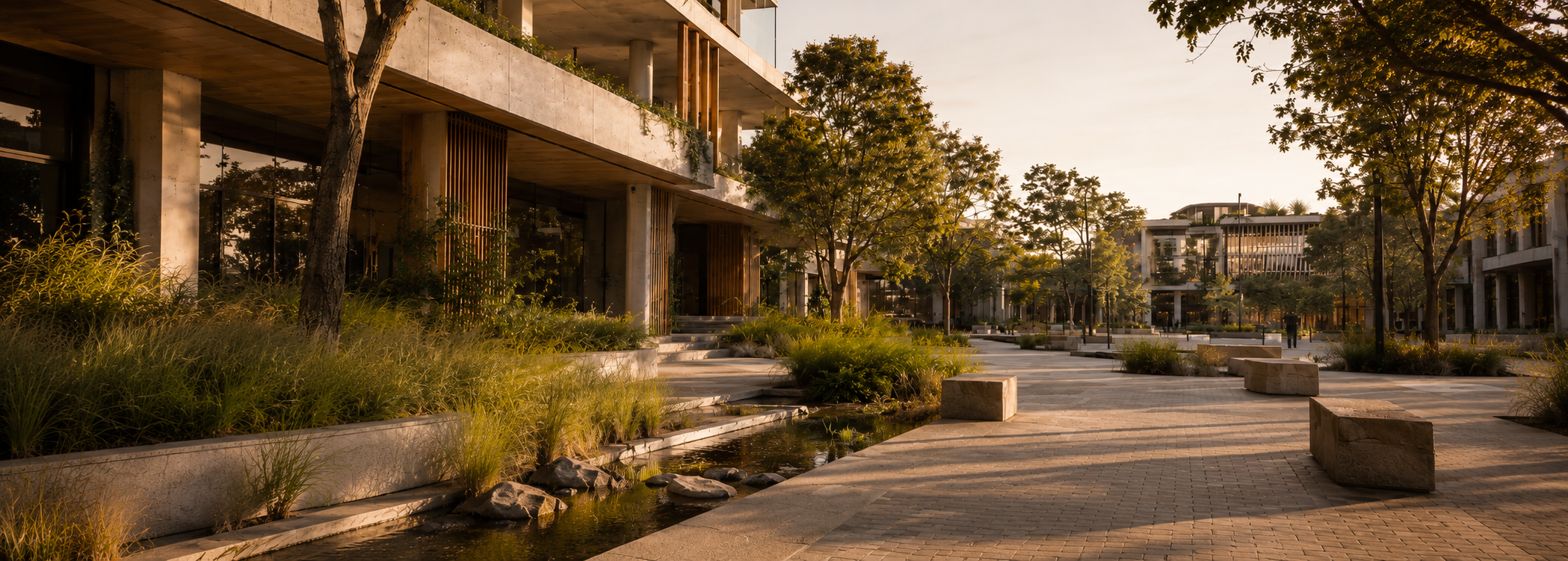 Contemporary Australian development integrating landscaped stormwater management, permeable surfaces and water-sensitive urban design principles.