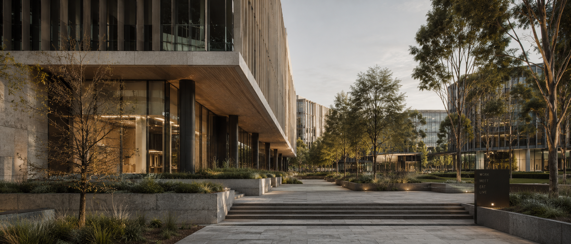 Contemporary Australian commercial precinct with performance-led architecture, restrained landscaping and integrated building design.