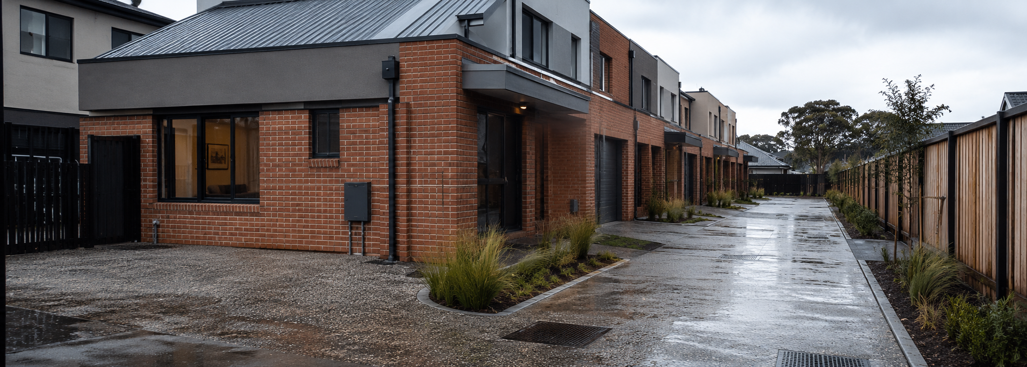 Townhouse courtyard rain garden with inlet grate and wet paving