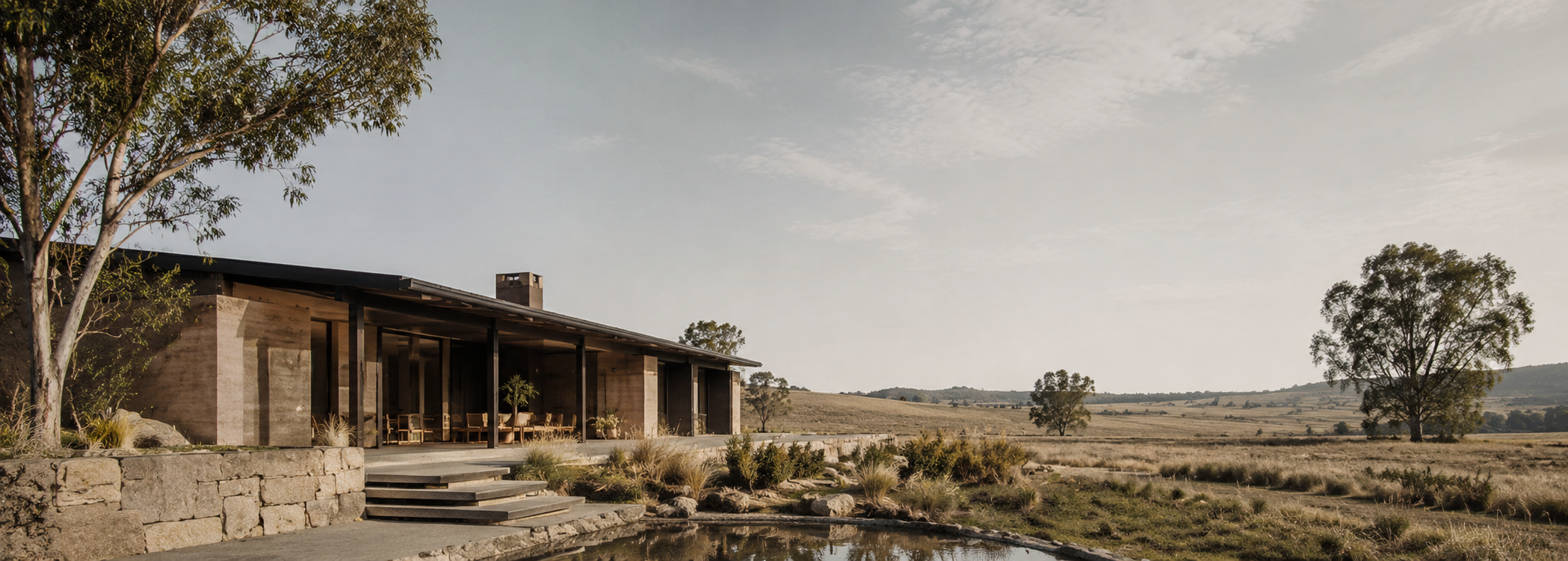 Regenerative Australian home integrated into a dry native landscape with natural materials, deep shade and subtle water elements.