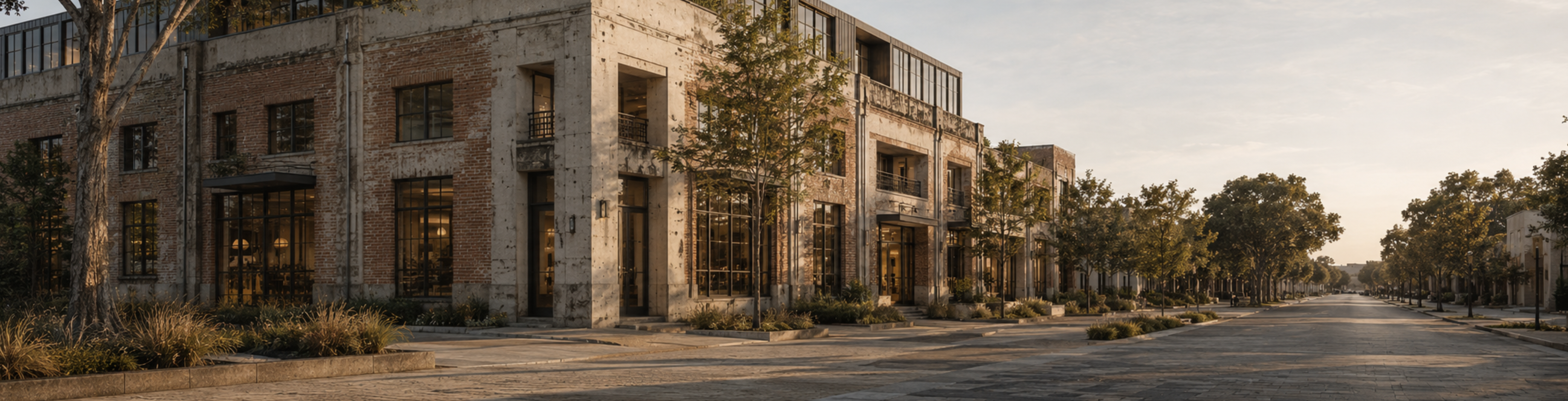 Adaptive reuse building combining retained brickwork, repaired concrete and a later upper-level addition across different stages of its life.