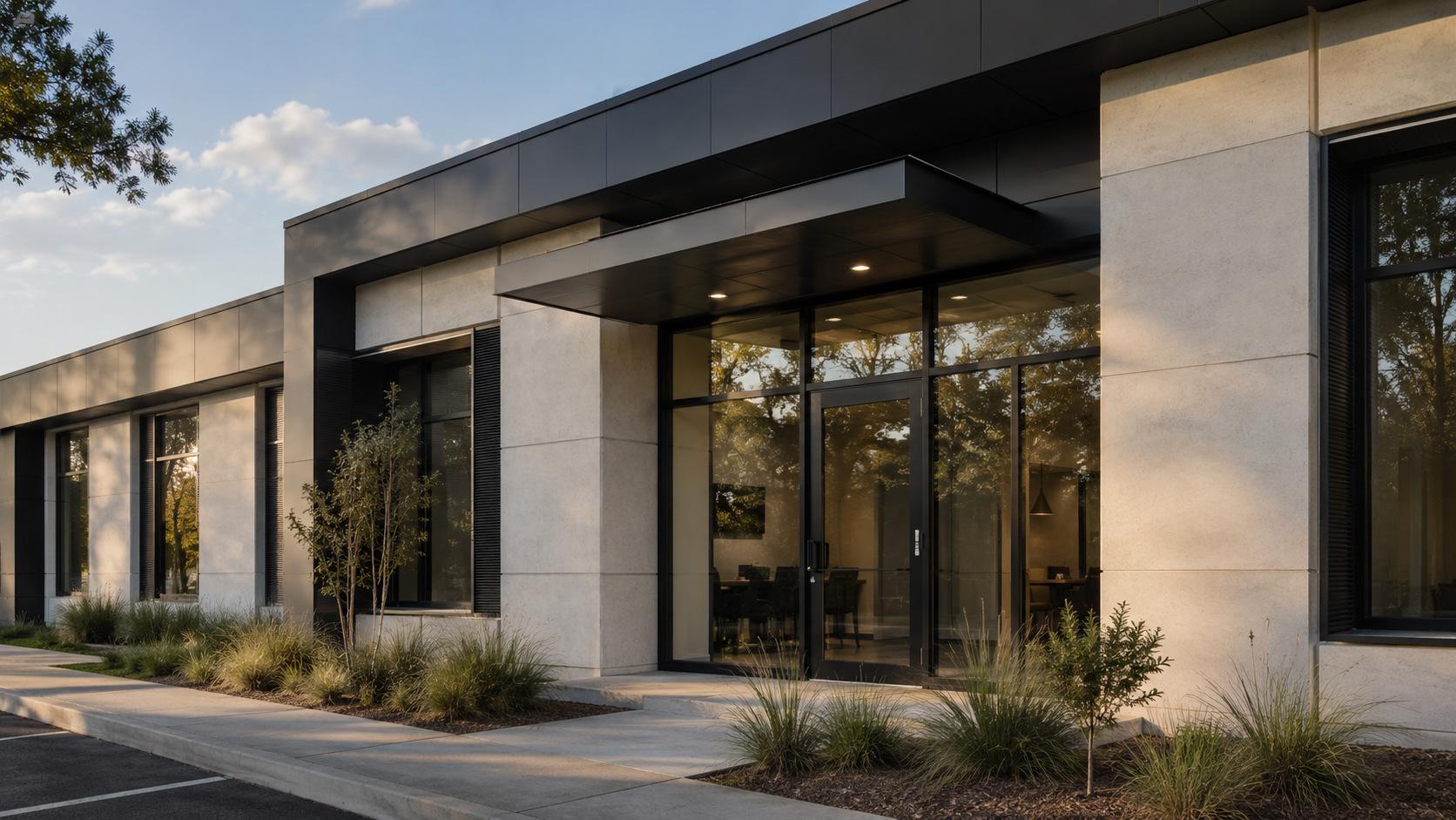 Modern commercial building facade with glazing, shading and architectural energy compliance considerations