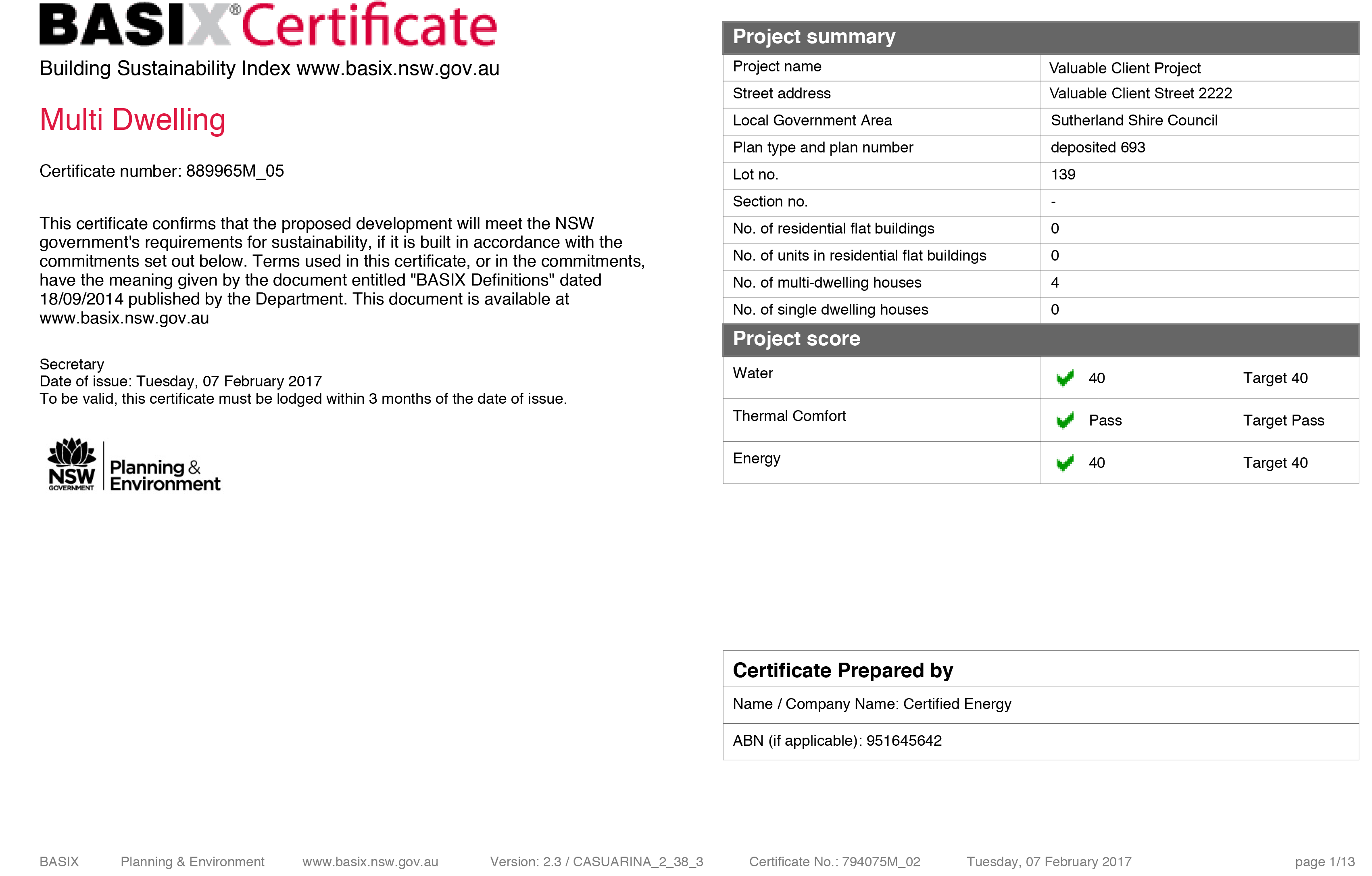 Example BASIX Certificate
