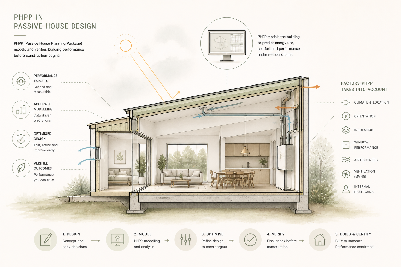 Passive House design illustration showing building performance modelling and airflow