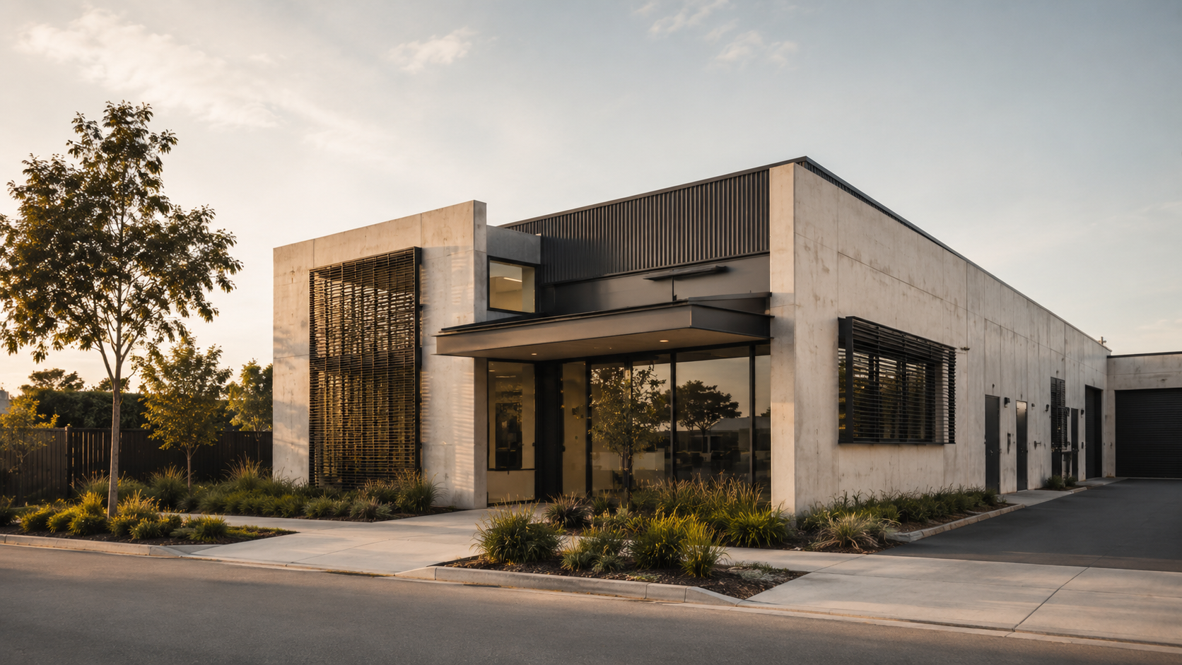 Contemporary Australian commercial building with refined façade shading and glazing, representing DTS and JV3 commercial energy compliance pathways.