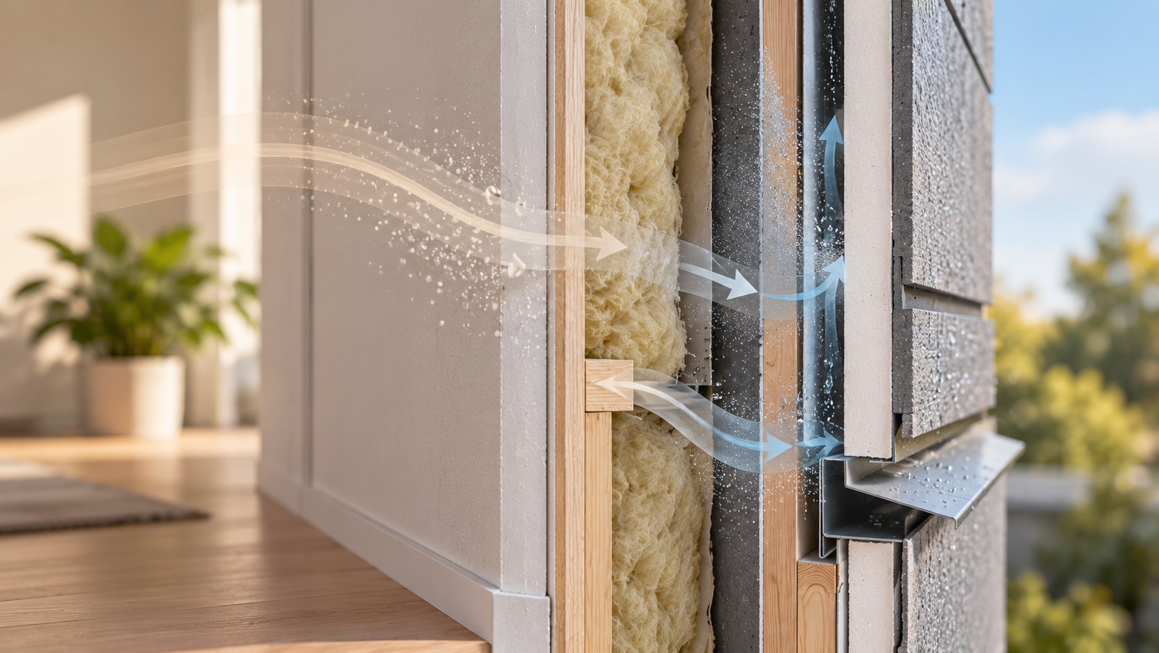 Cutaway of an insulated external wall showing water vapour diffusion through materials and moisture transport through air leakage pathways
