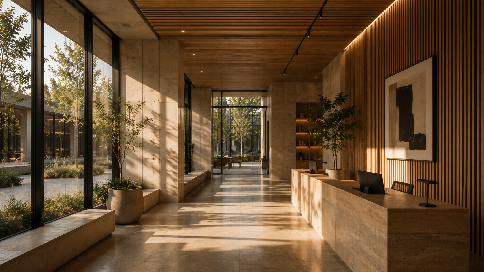 Commercial building interior with natural daylight, controlled glare and sustainable design context.