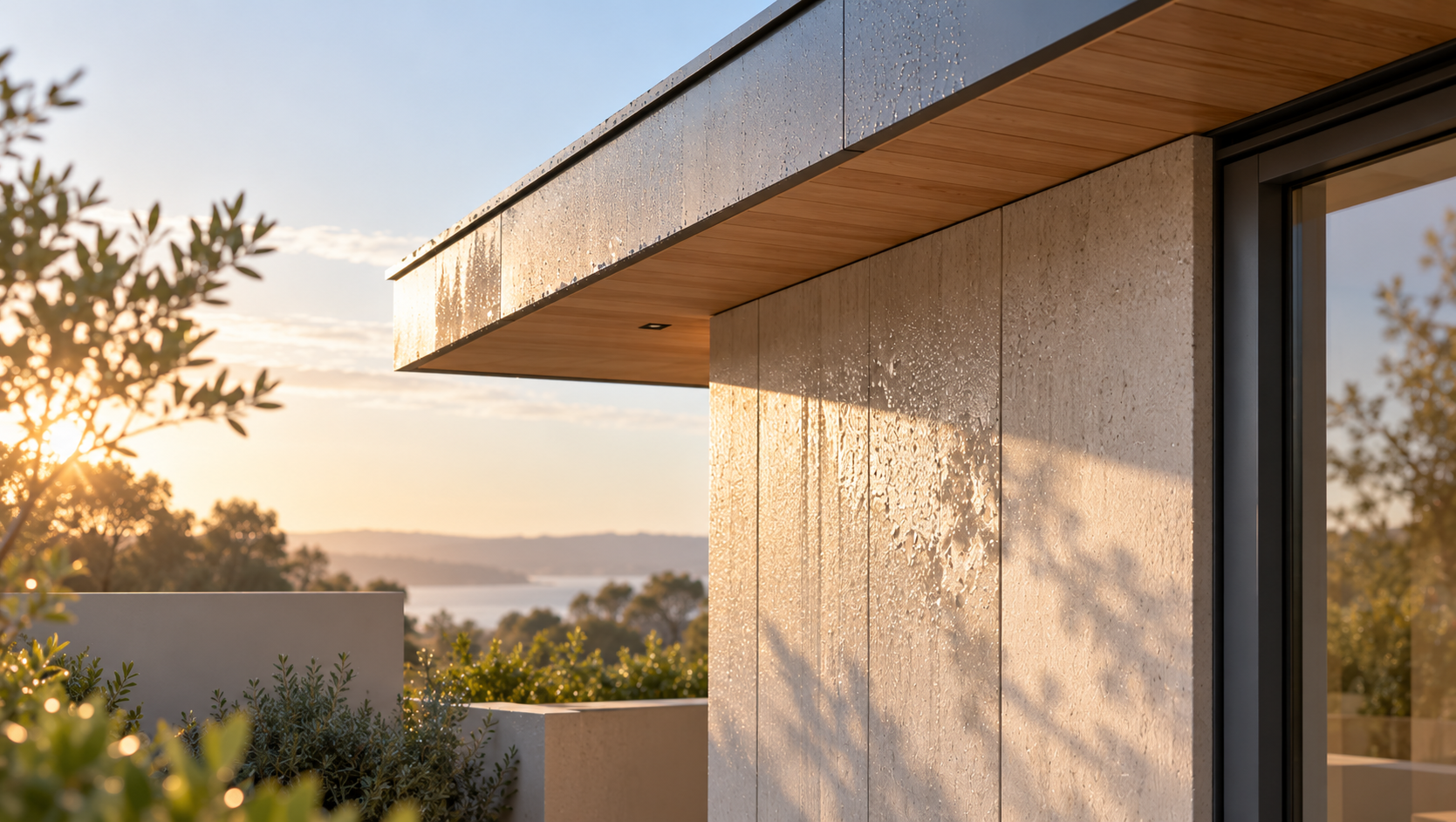 Contemporary Australian building façade and roof edge drying in warm sunlight after rainfall, illustrating moisture recovery in wall and roof assemblies