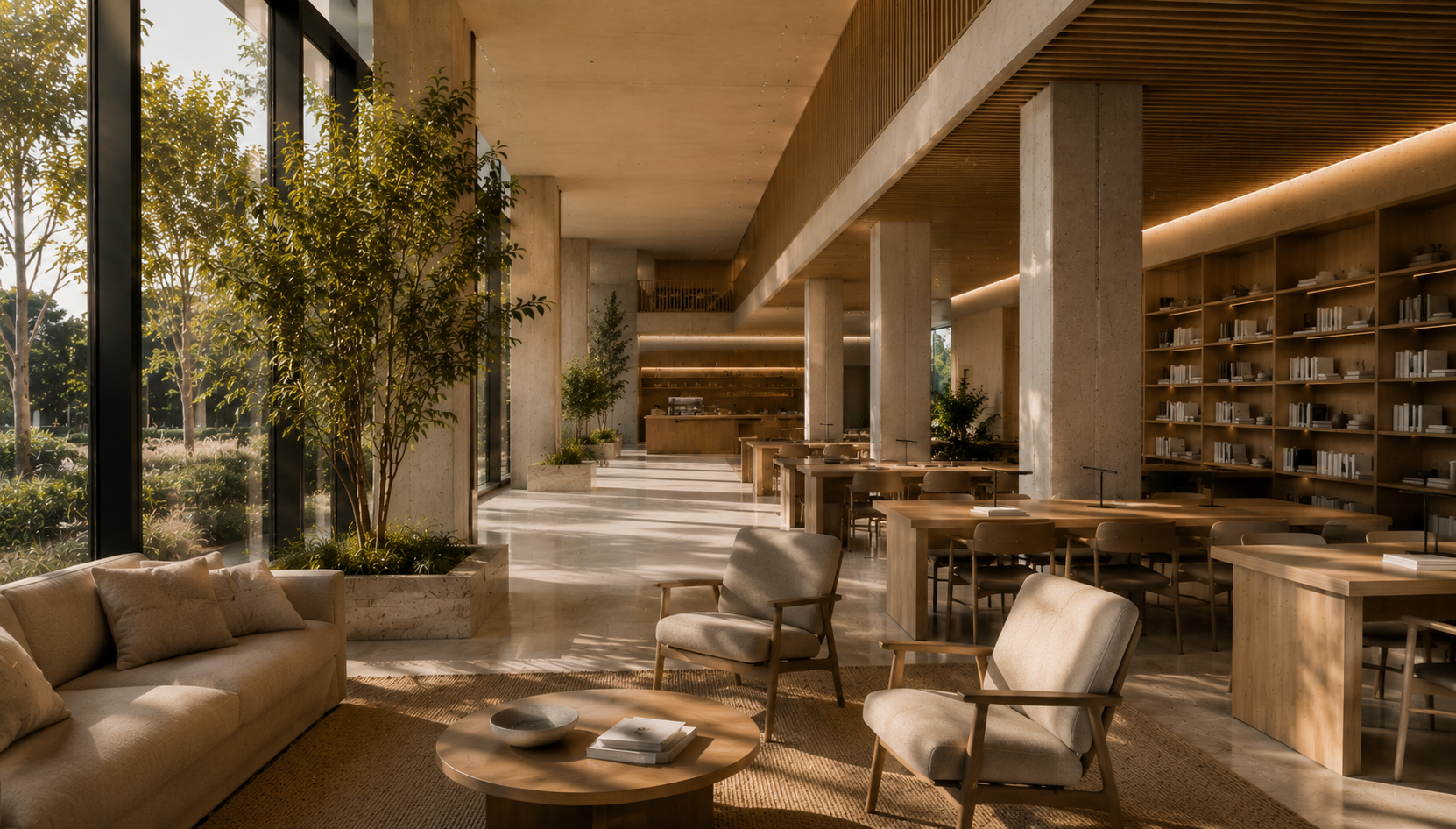 A calm commercial interior with soft daylight, visible ceiling services and quiet workplace conditions representing ventilation, air quality and WELL Rating.