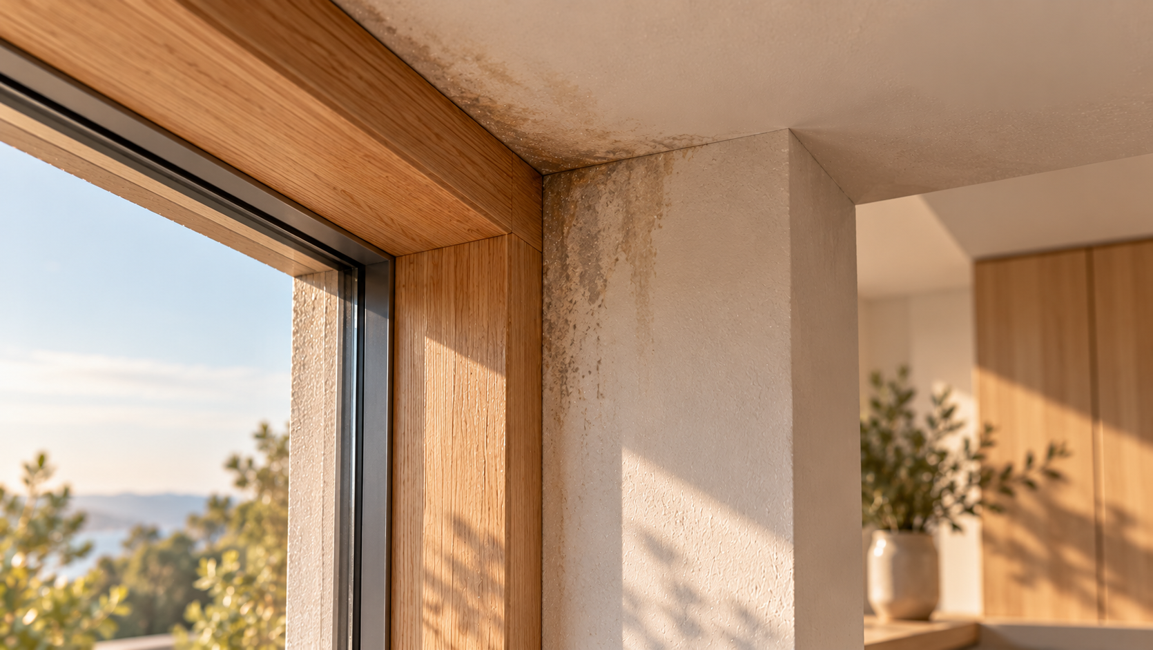 Moisture staining at the junction of an interior plaster wall, timber window surround and ceiling, illustrating material moisture exposure and potential mould growth conditions