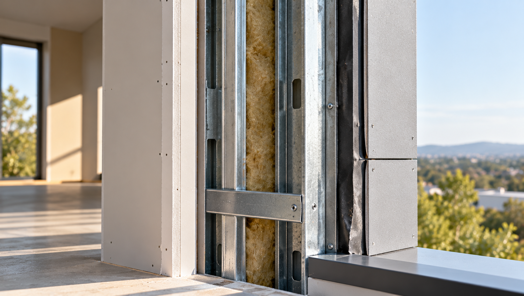 Exposed galvanised steel wall framing with insulation and external sheathing in a contemporary building envelope, showing construction interfaces relevant to condensation risk