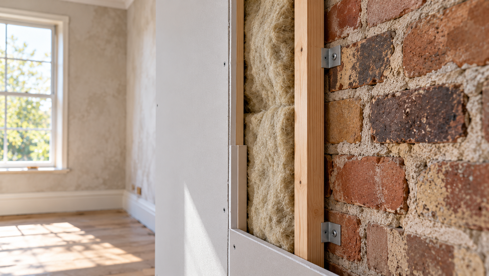 Interior energy retrofit showing original brick masonry, timber battens, fibrous insulation and new plasterboard lining in an existing building
