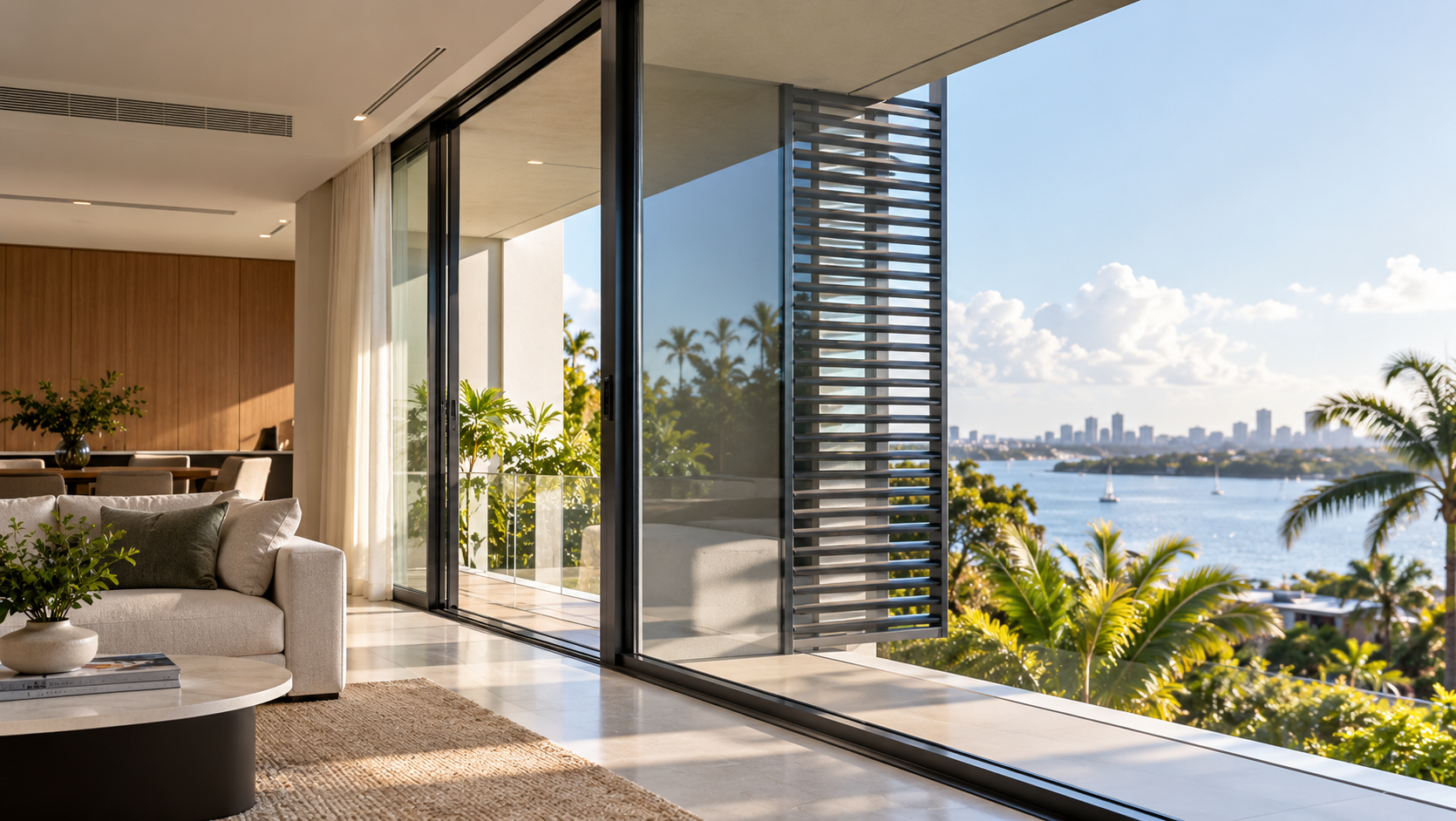 Contemporary Australian coastal interior with floor-to-ceiling glazing, external shading and integrated air-conditioning vents overlooking a warm tropical landscape