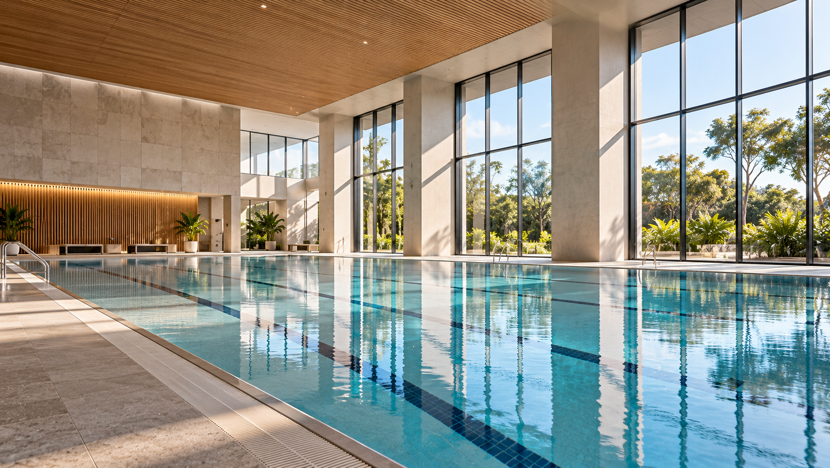 Contemporary indoor aquatic centre with a large swimming pool, floor-to-ceiling glazing, natural stone walls and timber ceiling illustrating a high-humidity building environment