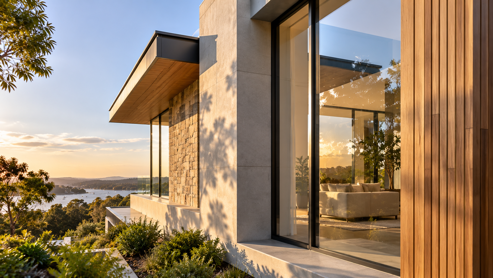 Contemporary Australian home featuring natural stone, timber cladding, deep window reveals and large glazed surfaces in warm afternoon light