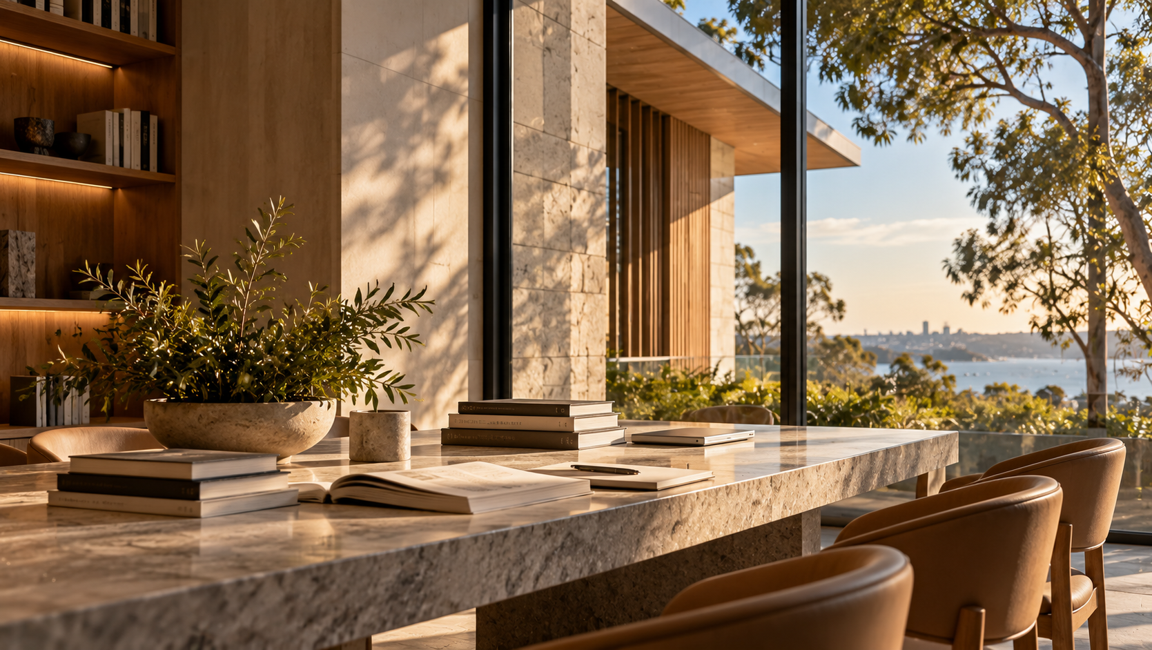 Contemporary Australian architectural study with a natural stone table, timber shelving and large glazed windows overlooking a landscaped coastal setting
