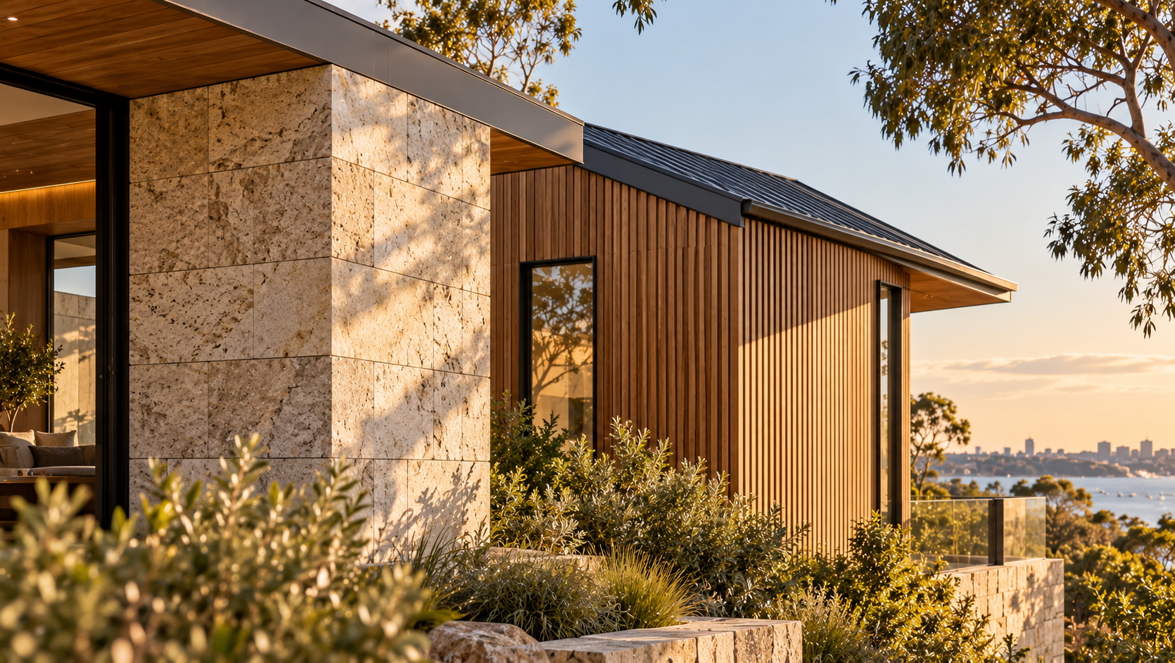 Contemporary Australian residence combining natural stone walls, vertical timber cladding and contrasting roof forms overlooking a coastal landscape
