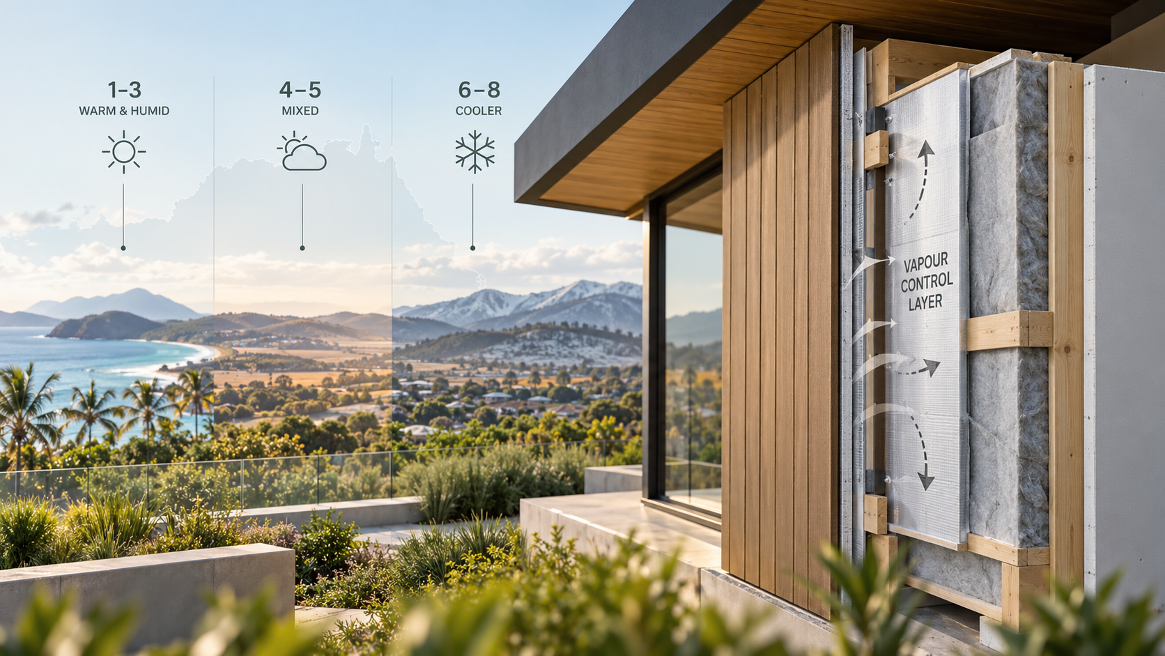 Australian residential wall assembly showing a vapour control layer alongside different Australian climate zones