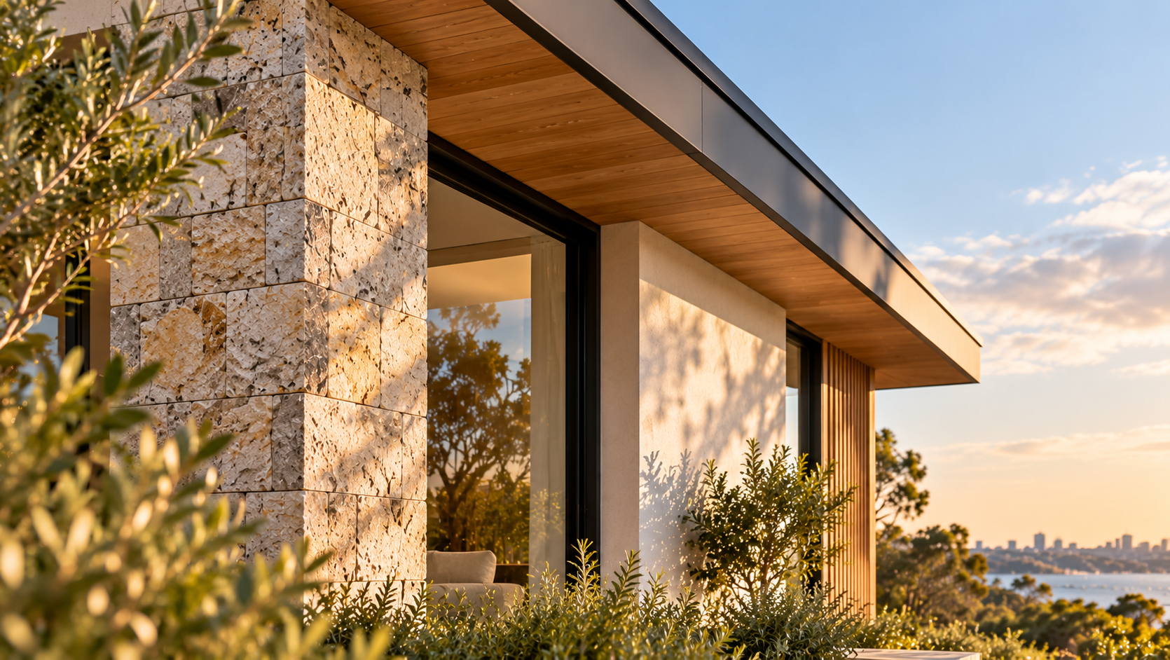 Contemporary Australian home featuring natural stone cladding, pale rendered walls, black-framed glazing and a deep timber-lined roof overhang in warm afternoon light